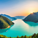 **Panoramic view from Cheongpung Lakeside Cable Car:** A breathtaking, high-angle view of Cheongpung Lake from the cable car. Capture the turquoise water, rolling mountains, and quaint villages below. Emphasize the feeling of soaring through the air and immersion in nature. Consider a vibrant sunrise or sunset for dramatic lighting and color.