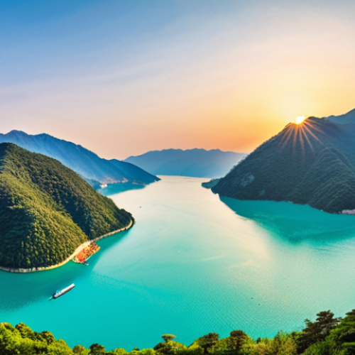 **Panoramic view from Cheongpung Lakeside Cable Car:** A breathtaking, high-angle view of Cheongpung Lake from the cable car. Capture the turquoise water, rolling mountains, and quaint villages below. Emphasize the feeling of soaring through the air and immersion in nature. Consider a vibrant sunrise or sunset for dramatic lighting and color.