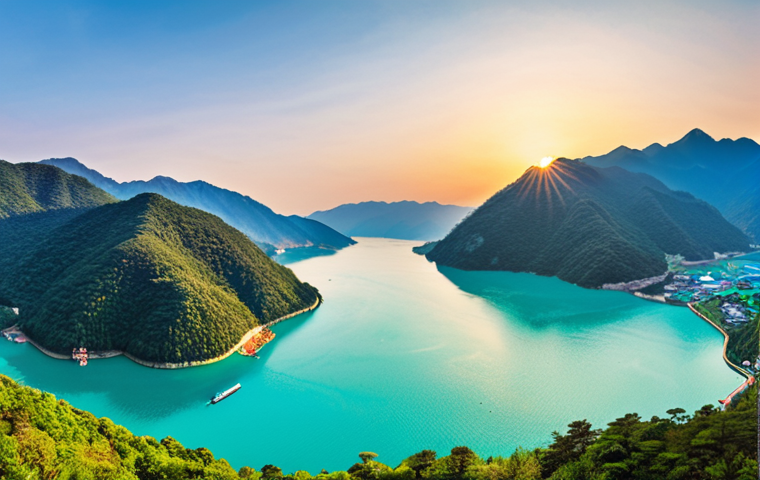 **Panoramic view from Cheongpung Lakeside Cable Car:** A breathtaking, high-angle view of Cheongpung Lake from the cable car. Capture the turquoise water, rolling mountains, and quaint villages below. Emphasize the feeling of soaring through the air and immersion in nature. Consider a vibrant sunrise or sunset for dramatic lighting and color.