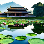 **Lotus Pond Panorama:** "A sweeping view of a lotus pond at Namji Palace in full bloom, soft morning light, fully clothed individuals admiring the scenery, appropriate attire, safe for work, perfect anatomy, natural proportions, professional landscape photography, high quality, family-friendly."