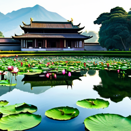 **Lotus Pond Panorama:** "A sweeping view of a lotus pond at Namji Palace in full bloom, soft morning light, fully clothed individuals admiring the scenery, appropriate attire, safe for work, perfect anatomy, natural proportions, professional landscape photography, high quality, family-friendly."