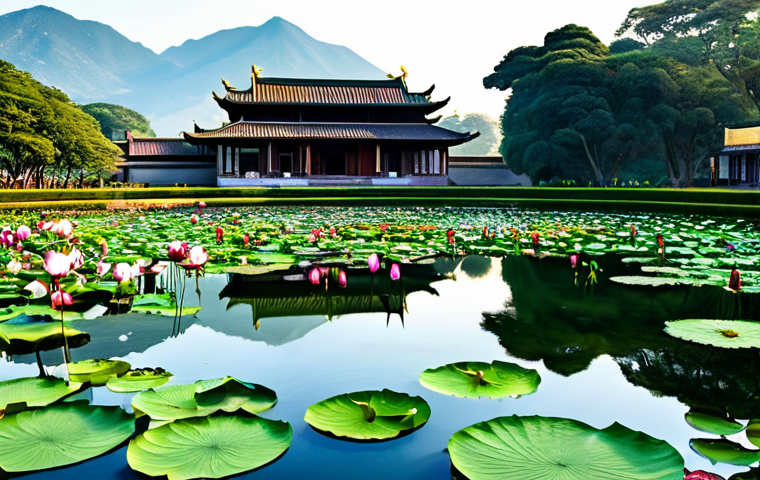 **Lotus Pond Panorama:** "A sweeping view of a lotus pond at Namji Palace in full bloom, soft morning light, fully clothed individuals admiring the scenery, appropriate attire, safe for work, perfect anatomy, natural proportions, professional landscape photography, high quality, family-friendly."